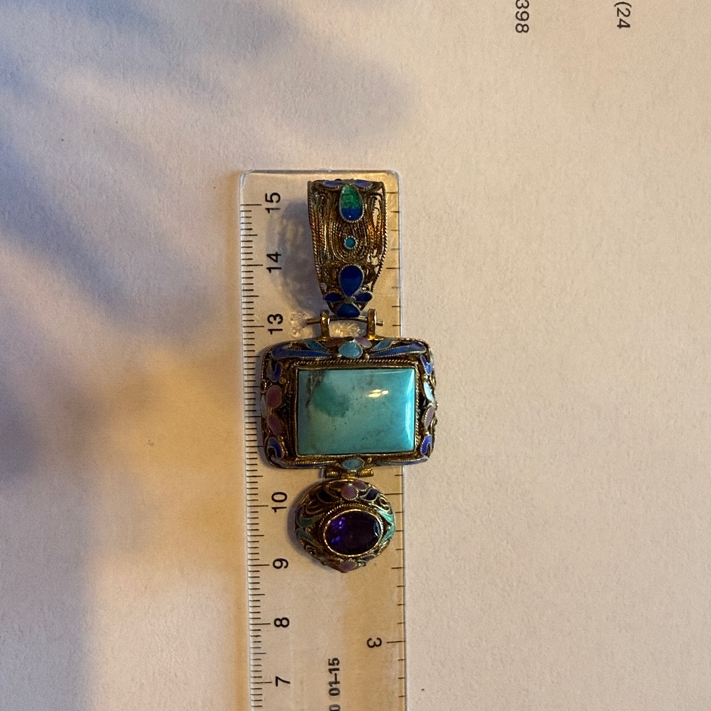 Gold-Tone Pendant Necklace with Turquoise and Amethyst Source Unknown - Picture 9 of 12